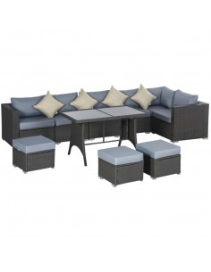 Outsunny 9-Seater 10 Pcs Rattan Garden Rattan Furniture Set, Grey with Dusty Blue Cushion