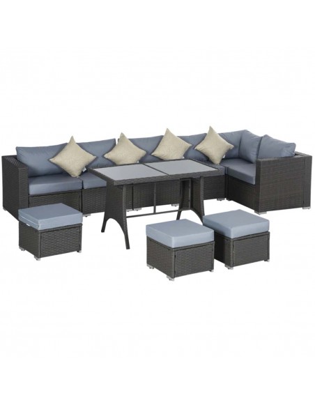 Outsunny 9-Seater 10 Pcs Rattan Garden Rattan Furniture Set, Grey with Dusty Blue Cushion - pic 15379 | FastDaddyshop