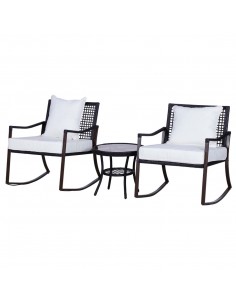 Outsunny 3 Pieces PE Rattan Garden Rocking Chair Set with Cushion, Round Coffee Table, Brown