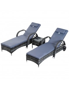 Outsunny Set of Two Rattan Sun Loungers with Side Table, Grey