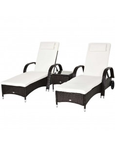 Outsunny Set of Two Rattan Sun Loungers with Side Table, Brown