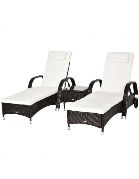 Outsunny Set of Two Rattan Sun Loungers with Side Table, Brown - pic 15384 | FastDaddyshop