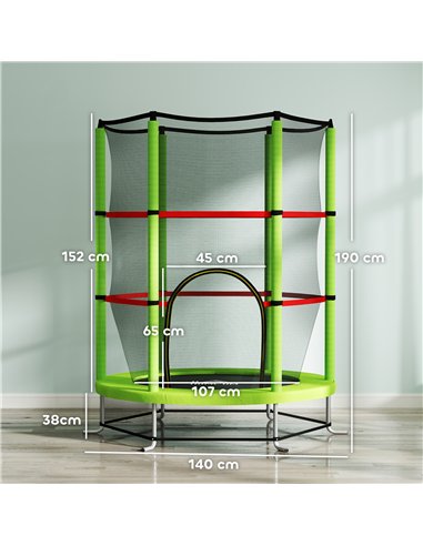 HOMCOM Kids Trampoline, with Enclosure Net, Steel Frame, for Ages 3-6 Years - Green