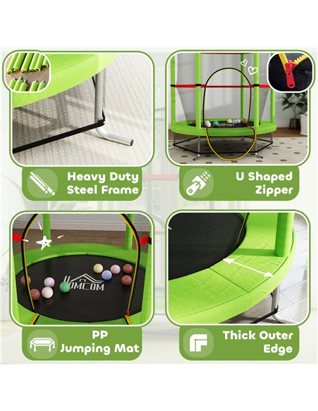 HOMCOM Kids Trampoline, with Enclosure Net, Steel Frame, for Ages 3-6 Years - Green - pic 153848 | FastDaddyshop