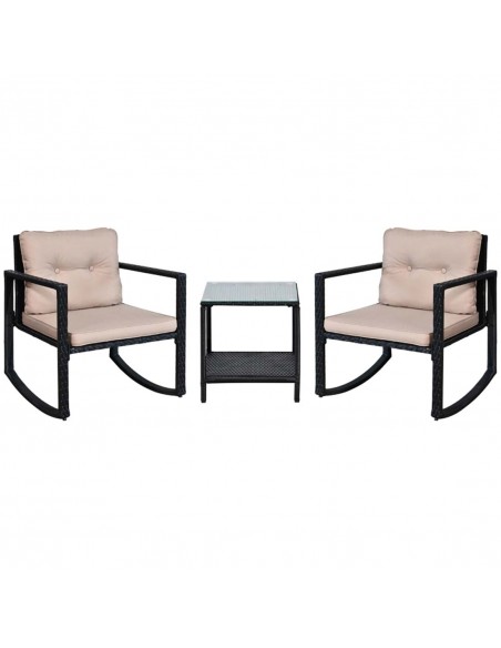 Outsunny 3 Pieces PE Rattan Garden Rocking Chair Set with Cushion, Two-tier Coffee Table, Black - pic 15387 | FastDaddyshop