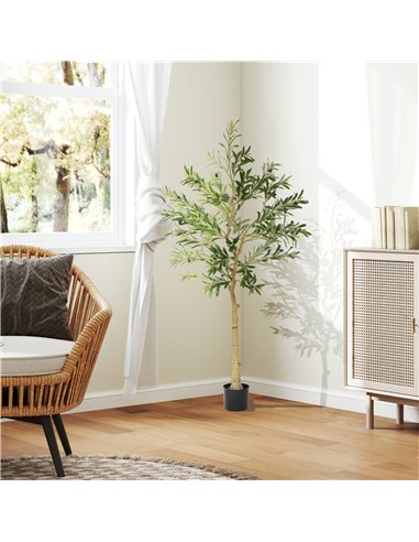 HOMCOM 5ft/ 150cm Decorative Artificial Plant, Silk Olive Tree with 720 Leaves and 32 Olive Fruits in Pot, Fake Plant for Home, 