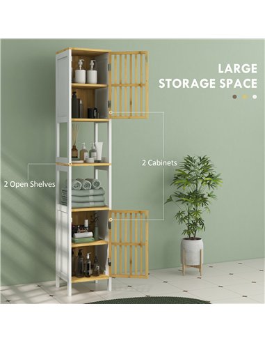 HOMCOM Bamboo-Blend Retro Cut-Out Tall Bathroom Storage Unit