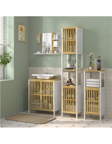 HOMCOM Bamboo-Blend Retro Cut-Out Bathroom Storage Unit, with Cupboard