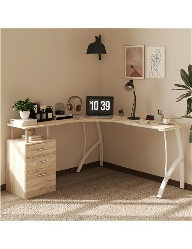 HOMCOM L-Shaped Computer Desk Table with Storage Drawer, Home Office Desk Corner Industrial Style Workstation for A4 Files 143.5