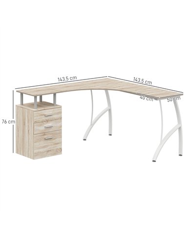 HOMCOM L-Shaped Computer Desk Table with Storage Drawer, Home Office Desk Corner Industrial Style Workstation for A4 Files 143.5