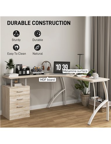 HOMCOM L-Shaped Computer Desk Table with Storage Drawer, Home Office Desk Corner Industrial Style Workstation for A4 Files 143.5