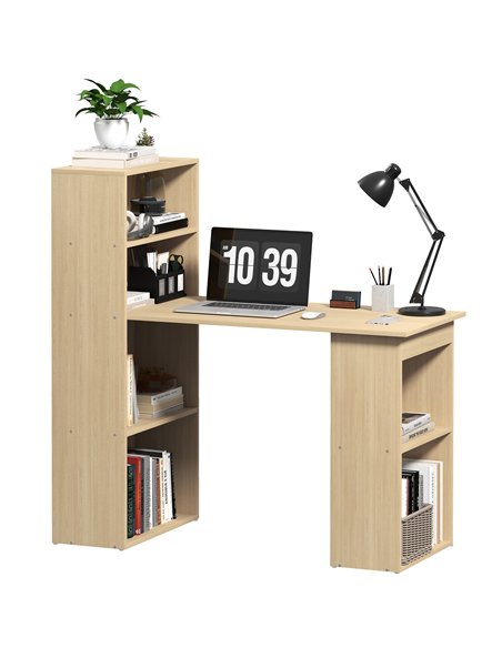 HOMCOM 120cm Modern Computer Desk Bookshelf Study Table Workstation PC Laptop Writing Home Office 6 Shelves, Natural Wood Finish - pic 153970 | FastDaddyshop
