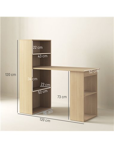 HOMCOM 120cm Modern Computer Desk Bookshelf Study Table Workstation PC Laptop Writing Home Office 6 Shelves, Natural Wood Finish