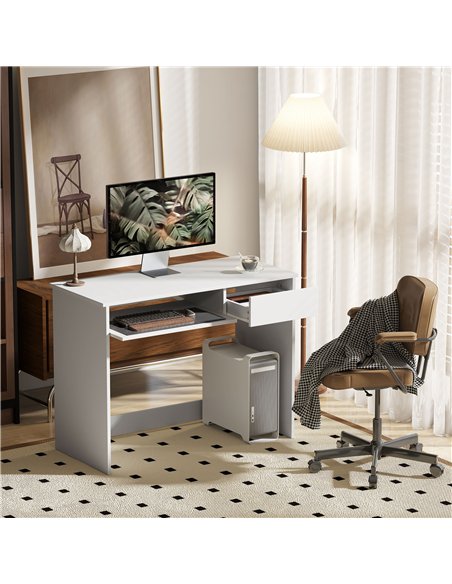 HOMCOM 100cm Compact Computer Desk with Keyboard Tray, Home Office Desk with Drawer for Bedroom Study, White - pic 153980 | FastDaddyshop