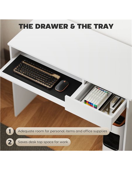 HOMCOM 100cm Compact Computer Desk with Keyboard Tray, Home Office Desk with Drawer for Bedroom Study, White - pic 153982 | FastDaddyshop