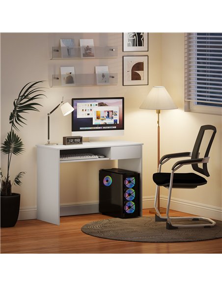 HOMCOM 100cm Compact Computer Desk with Keyboard Tray, Home Office Desk with Drawer for Bedroom Study, White - pic 153985 | FastDaddyshop