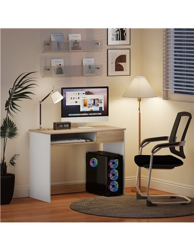 HOMCOM 100cm Compact Computer Desk with Keyboard Tray, Home Office Desk with Drawer for Bedroom Study, Oak