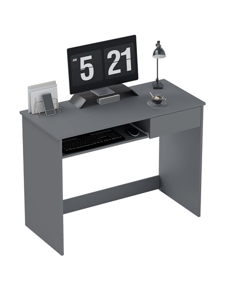 HOMCOM 100cm Compact Computer Desk with Keyboard Tray, Home Office Desk with Drawer for Bedroom Study, Grey - pic 153997 | FastDaddyshop