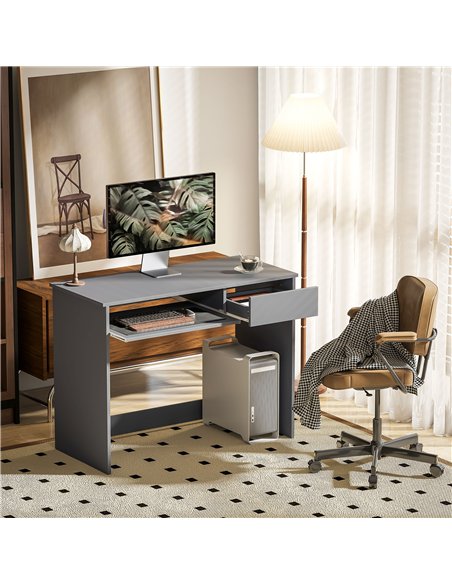 HOMCOM 100cm Compact Computer Desk with Keyboard Tray, Home Office Desk with Drawer for Bedroom Study, Grey - pic 153998 | FastDaddyshop