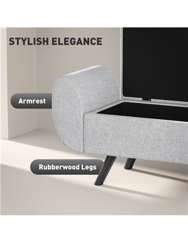 HOMCOM Storage Ottoman with Armrest, Upholstered Linen Storage Bench, Window Seat with Rubberwood Legs, Footstool for Bedroom Li
