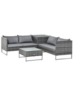 Outsunny 4 PCs Garden Rattan Corner Sofa and Table Set with Cushions, Mixed Grey