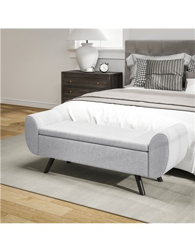 HOMCOM Storage Ottoman with Armrest, Upholstered Linen Storage Bench, Window Seat with Rubberwood Legs, Footstool for Bedroom Li