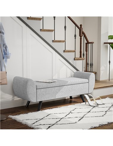 HOMCOM Storage Ottoman with Armrest, Upholstered Linen Storage Bench, Window Seat with Rubberwood Legs, Footstool for Bedroom Li