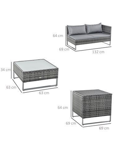 Outsunny 4 PCs Garden Rattan Corner Sofa and Table Set with Cushions, Mixed Grey