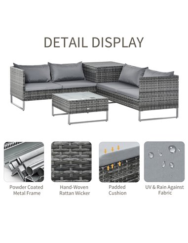 Outsunny 4 PCs Garden Rattan Corner Sofa and Table Set with Cushions, Mixed Grey
