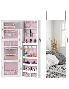 HOMCOM 108 x 37cm Lockable Jewellery Cabinet, with LED Lights - White Surface and Pink Lining