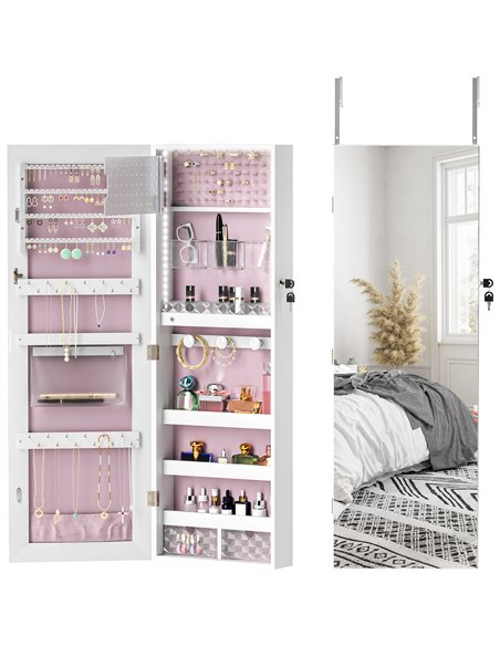 HOMCOM 108 x 37cm Lockable Jewellery Cabinet, with LED Lights - White Surface and Pink Lining - pic 154078 | FastDaddyshop
