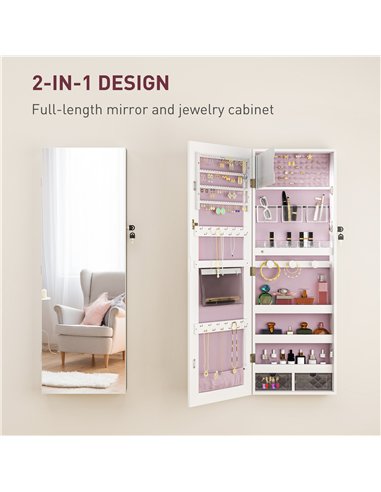 HOMCOM 108 x 37cm Lockable Jewellery Cabinet, with LED Lights - White Surface and Pink Lining