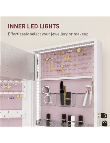 HOMCOM 108 x 37cm Lockable Jewellery Cabinet, with LED Lights - White Surface and Pink Lining