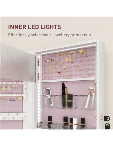 HOMCOM 108 x 37cm Lockable Jewellery Cabinet, with LED Lights - White Surface and Pink Lining - pic 154082 | FastDaddyshop
