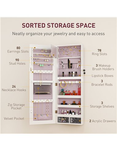 HOMCOM 108 x 37cm Lockable Jewellery Cabinet, with LED Lights - White Surface and Pink Lining