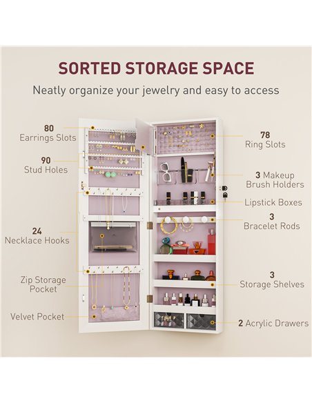 HOMCOM 108 x 37cm Lockable Jewellery Cabinet, with LED Lights - White Surface and Pink Lining - pic 154083 | FastDaddyshop