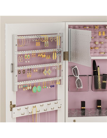 HOMCOM 108 x 37cm Lockable Jewellery Cabinet, with LED Lights - White Surface and Pink Lining - pic 154086 | FastDaddyshop