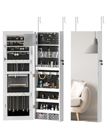 HOMCOM 108 x 37cm Lockable Jewellery Cabinet, with LED Lights - White Surface and Black Lining - pic 154087 | FastDaddyshop