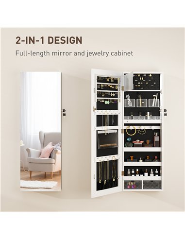 HOMCOM 108 x 37cm Lockable Jewellery Cabinet, with LED Lights - White Surface and Black Lining