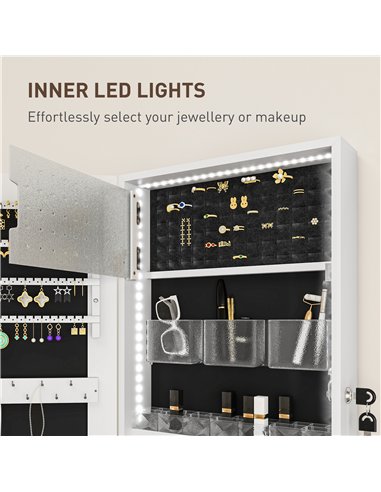 HOMCOM 108 x 37cm Lockable Jewellery Cabinet, with LED Lights - White Surface and Black Lining