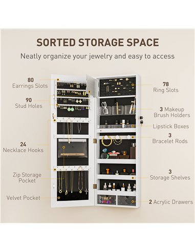 HOMCOM 108 x 37cm Lockable Jewellery Cabinet, with LED Lights - White Surface and Black Lining
