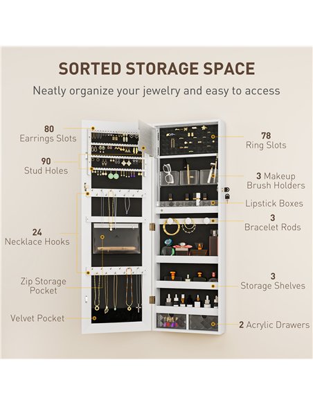HOMCOM 108 x 37cm Lockable Jewellery Cabinet, with LED Lights - White Surface and Black Lining - pic 154092 | FastDaddyshop