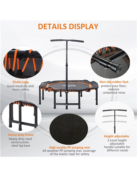 HOMCOM 48" Octagonal Mini Fitness Trampoline Rebounder Indoor Outdoor Foldable Mini Jumper with Adjustable Handle, Max Load 100  - pic 154109 | FastDaddyshop