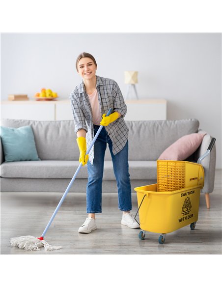 HOMCOM Mop Bucket with Wringer Set on Wheels for Floor Cleaning, 20 Litre Side Press Wringer with Handle and Mop, Yellow - pic 154123 | FastDaddyshop