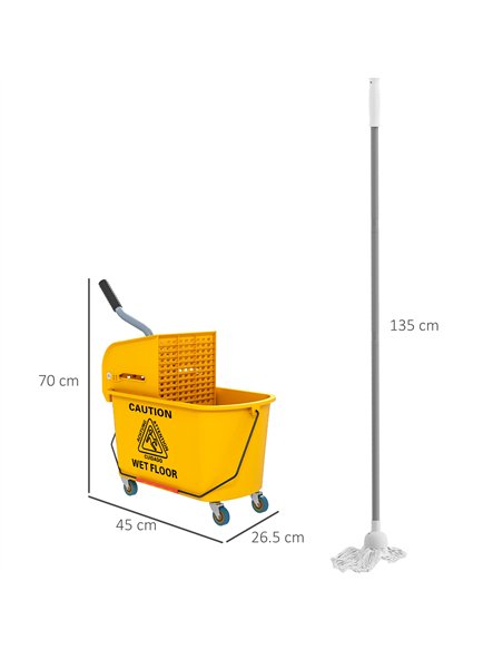 HOMCOM Mop Bucket with Wringer Set on Wheels for Floor Cleaning, 20 Litre Side Press Wringer with Handle and Mop, Yellow - pic 154124 | FastDaddyshop