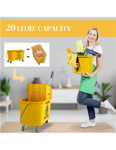 HOMCOM Mop Bucket with Wringer Set on Wheels for Floor Cleaning, 20 Litre Side Press Wringer with Handle and Mop, Yellow