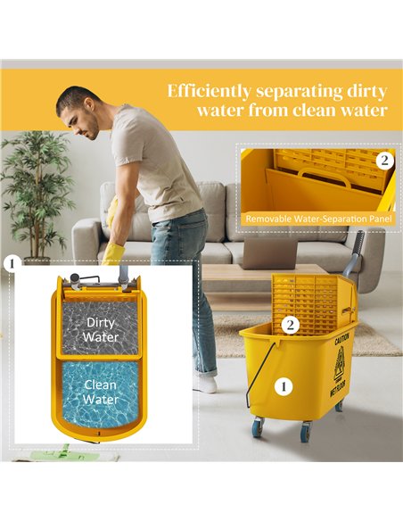 HOMCOM Mop Bucket with Wringer Set on Wheels for Floor Cleaning, 20 Litre Side Press Wringer with Handle and Mop, Yellow - pic 154126 | FastDaddyshop