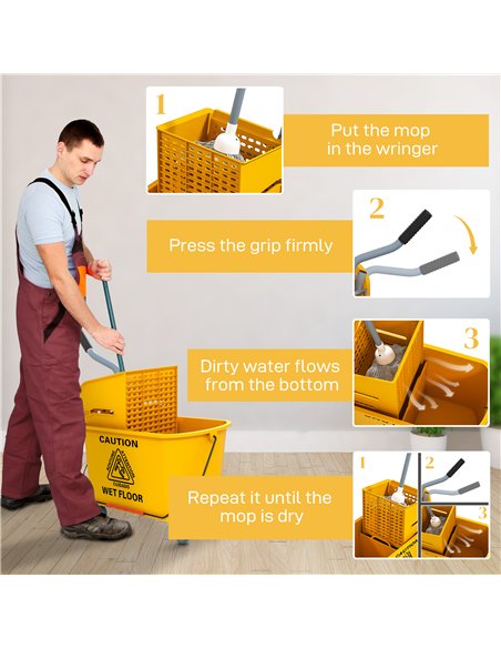 HOMCOM Mop Bucket with Wringer Set on Wheels for Floor Cleaning, 20 Litre Side Press Wringer with Handle and Mop, Yellow - pic 154127 | FastDaddyshop