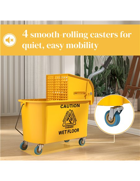 HOMCOM Mop Bucket with Wringer Set on Wheels for Floor Cleaning, 20 Litre Side Press Wringer with Handle and Mop, Yellow - pic 154128 | FastDaddyshop