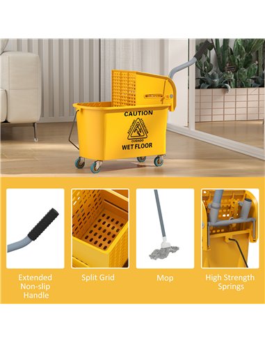 HOMCOM Mop Bucket with Wringer Set on Wheels for Floor Cleaning, 20 Litre Side Press Wringer with Handle and Mop, Yellow